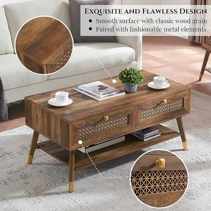 Mid Century Modern Coffee Table with Storage Drawers & Open Shelf, Solid Wooden Boho Rectangle Table with Metal Legs Designed for Living Room, Office, Lounge. Rustic Oak Color with Golden Decor