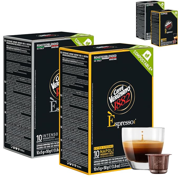 Caffè Vergnano 1882 Napoli & Intenso Espresso Capsules – Strong Italian Coffee Pods, Compatible With Original Line Machines – 4 Pack, 10 Count Each