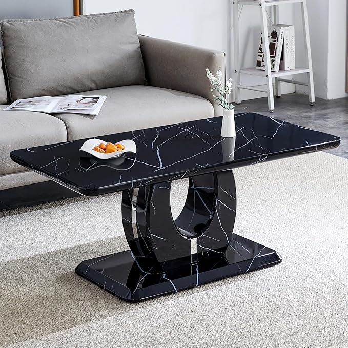 43.3 Inch Faux Marble Coffee Table, Large Modern Coffee Tables for Living Room, Rectangular Center Table Tea Table Accent Furniture, Black Marble-Looking Desktop