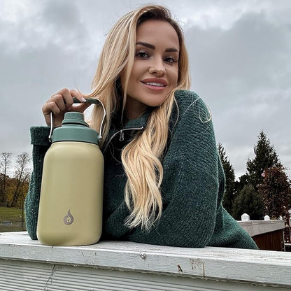 BJPKPK Half Gallon Insulated Water Bottles, 64oz Water Jug with Metal Handle & BPA Free Spout Lid, Dishwasher Safe Thermo, Large Stainless Steel Gym Sport Jugs, Black Grey