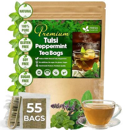 FreshDrinkUS, Premium Tulsi Peppermint Herbal Tea – 55 Tea Bags, 100% Natural, Blend of Tulsi Holy Basil Leaves, and Peppermint Leaves. Made with Natural Material Tea Bags. No Sugar, Vegan.