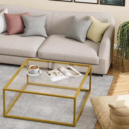 Glass Coffee Table, Small Square Coffee Table for Living Room,Simple Modern Center Tables for Small Spaces, Gold Living Room Tea Tables Easy Assembly,26 * 26in（Gold & Clear Glass）