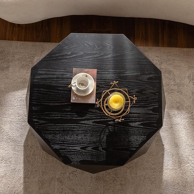 38" Modern Farmhouse Drum Coffee Table, American Retro Style Coffee Table for Office, Dining Room and Living Room, Black