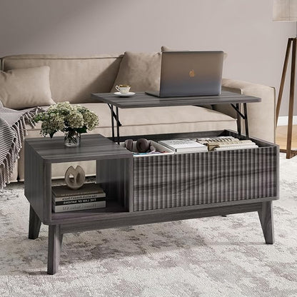 LYNCOHOME Fluted Lift Top Coffee Table with Storage,Modern Center Table for Living Room, Home Office（Grey）