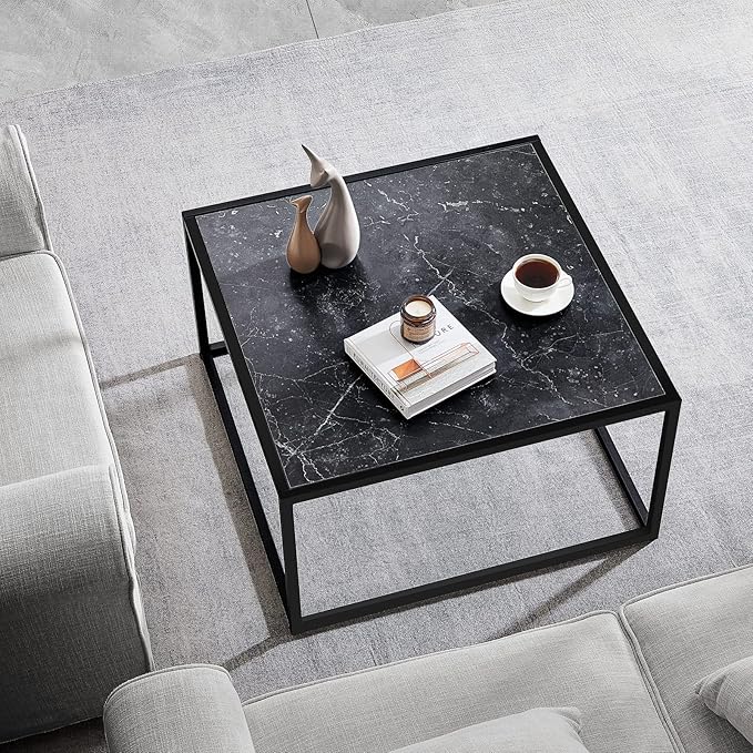 SAYGOER Black Coffee Table Small Square Coffee Table Simple Modern Center Table for Living Room Home Office 27.6 * 27.6 * 15.7Inch Easy Assembly, Black Faux Marble