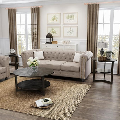 PADMA HOUSE 33.5" Round Wood Coffee Table, 2-Tier Solid Wood Rounded Circle Accent Coffee Table Center Cocktail Table Vintage Furniture for Home Living Room Bedroom,Black Brown 3338BK