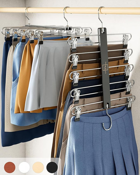 MORALVE Skirt Hangers Space Saving with Clips - 2 Pack - European Beechwood 5-Tier Hanger for Shorts, Skirts, and Pants - Closet Organizer and Storage Solution for Women with 360° Swivel Hook