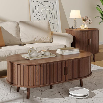 Alohappy Oval Coffee Table, Mid Century Modern Coffee Table with Sliding Tambour Door, Fluted Center Table with Hidden Storage, Curved Profile Dining Table for Living Room, Home Office,Walnut