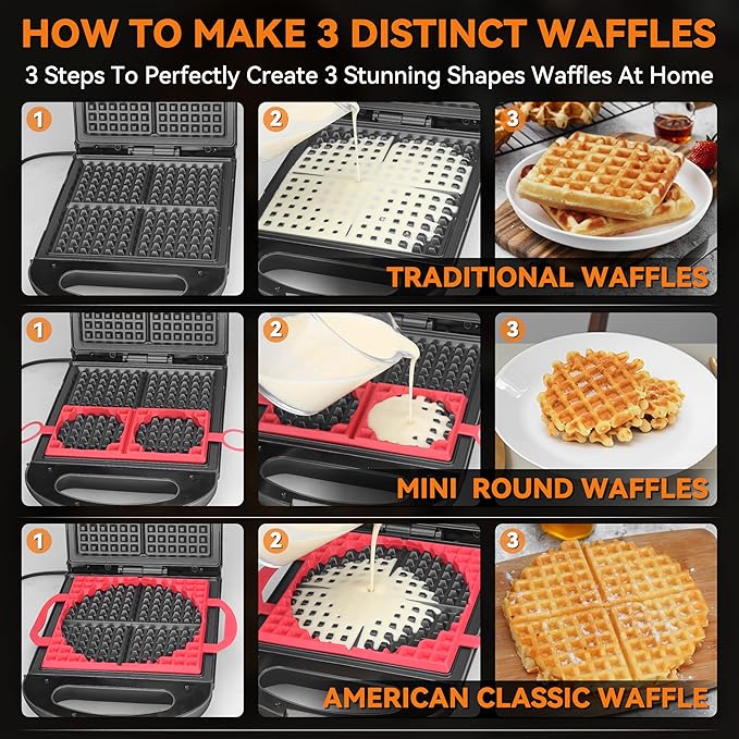 Baker's Friend Multi Shapes Waffle Iron Combo - Mini, American Classic, Belgian & Chaffle Maker, 2 Silicone Molds, Graphite
