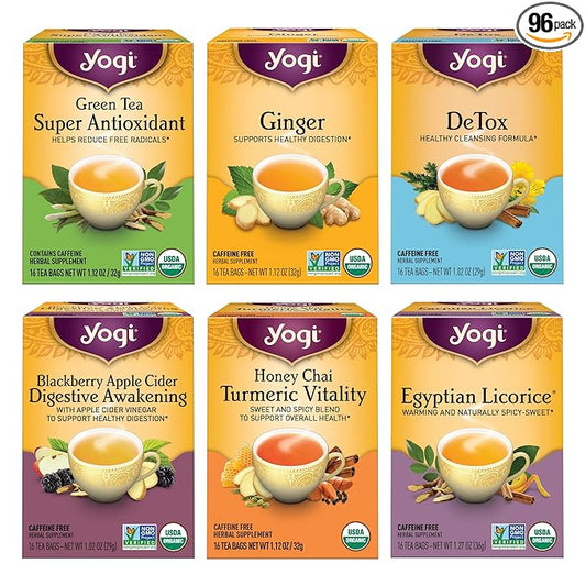 Yogi Digestion & DeTox Sampler Pack (6 Pack) - Wellness Support - Herbal & Green Tea - 96 Tea Bags