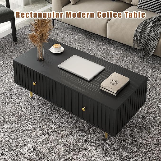 Modern Coffee Table with Storage with 2 Big Drawers, Black Rectangle Coffee Table for Living Room, Wooden Fluted Table Accent Tea Table for Living Room Apartment Small Space