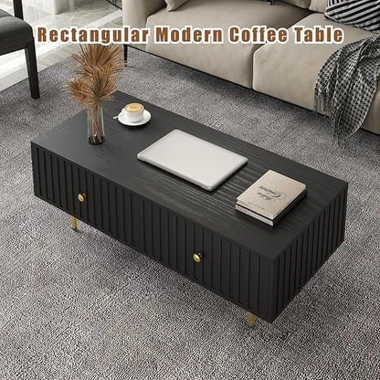 Modern Coffee Table with Storage with 2 Big Drawers, Black Rectangle Coffee Table for Living Room, Wooden Fluted Table Accent Tea Table for Living Room Apartment Small Space