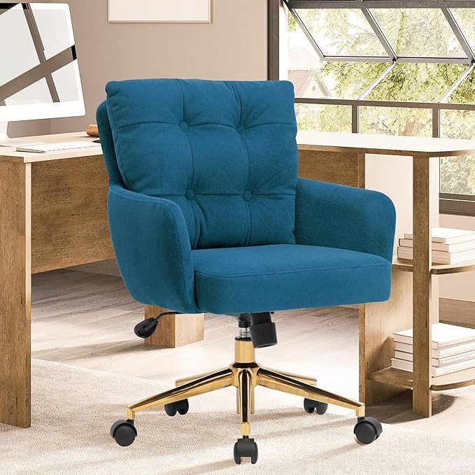 Flannel Office Chair, Comfy Home Office Desk Chairs with Lumbar Support, Modern Velvet Desk Chair Gold Legs Small Swivel Task Chair for Home Office, Bedroom, Study (Blue, L)