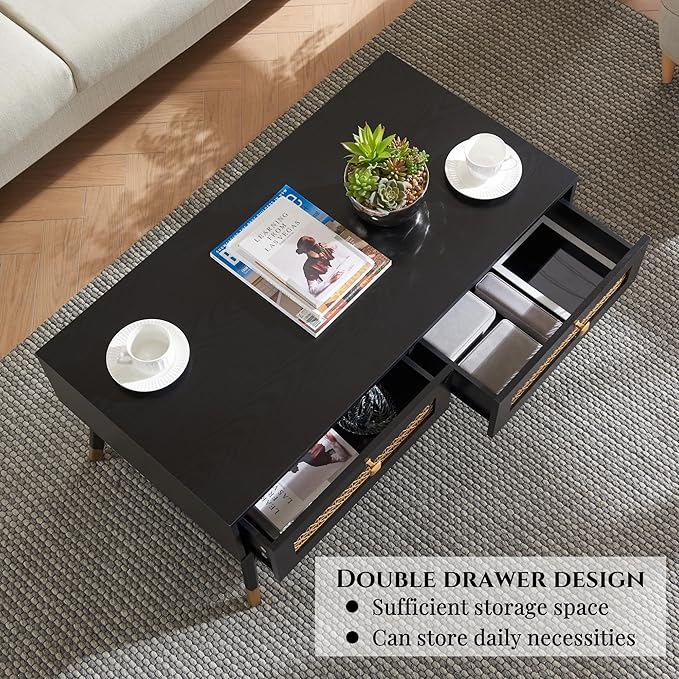 Mid Century Modern Black Coffee Table with Storage Drawers & Open Shelf, Solid Wooden Boho Rectangle Table with Metal Legs Designed for Living Room, Office, Lounge. Black Color with Golden Decor