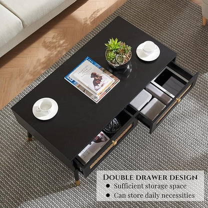 Mid Century Modern Black Coffee Table with Storage Drawers & Open Shelf, Solid Wooden Boho Rectangle Table with Metal Legs Designed for Living Room, Office, Lounge. Black Color with Golden Decor