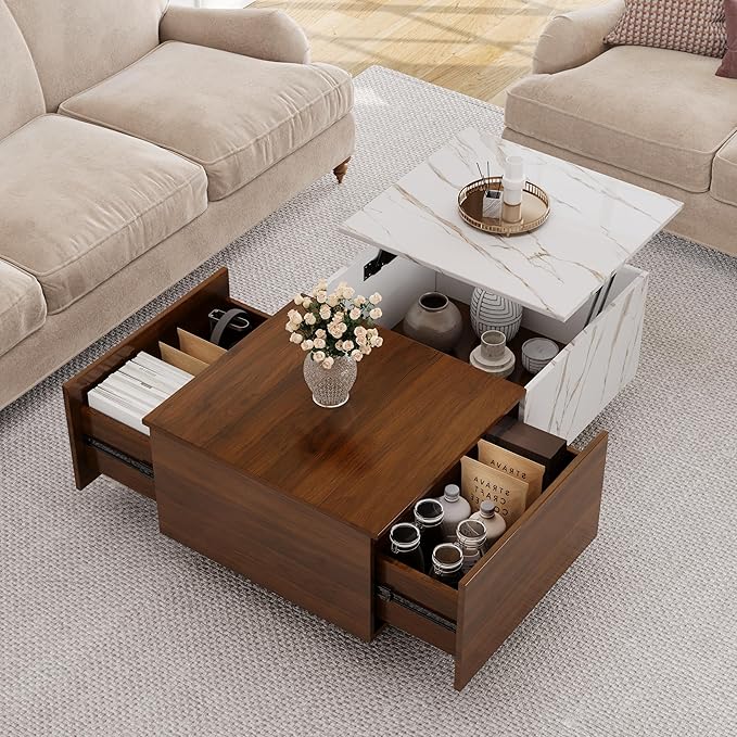 Lift Top Coffee Tables for Living Room, 43" LED Wooden Center Tables with Storage Shelf, Hidden Compartment and Drawer for Home (Walnut Grain and Marble White)