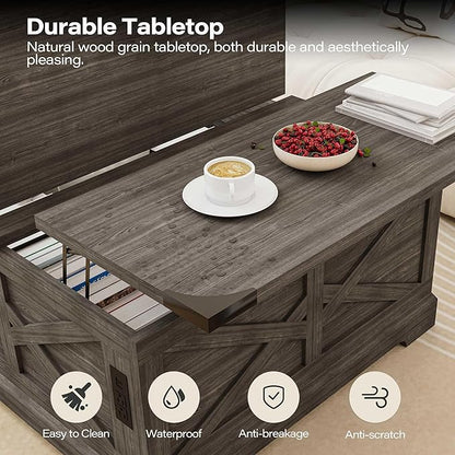 LAUSAINT HOME Farmhouse Lift Top Coffee Table with Large Hidden Storage Compartment, Wood Square Center Table with Lifting Top for Living Room, Home Office, Gray