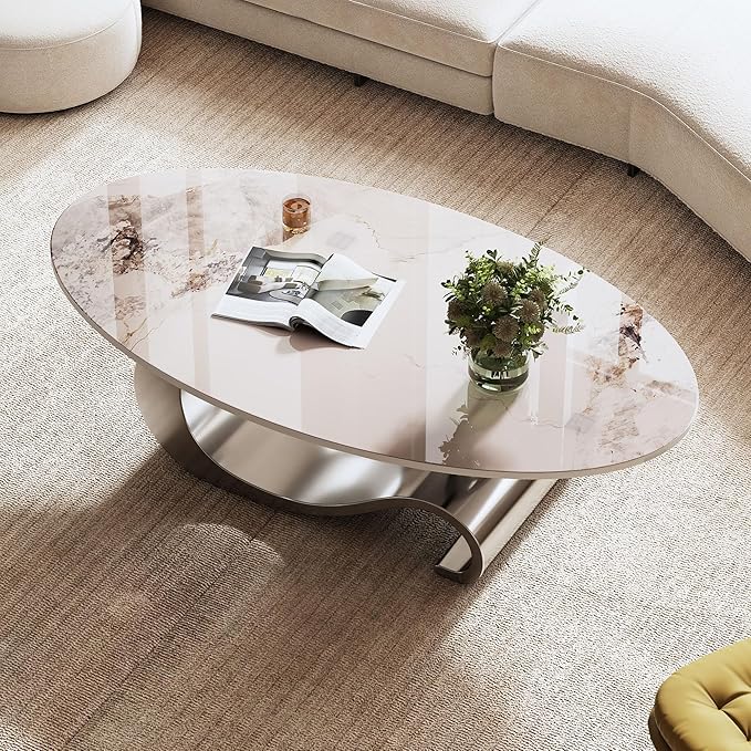 Marble Grain Coffee Table with Gold Stainless Steel Pedestal,Modern Coffee Tables,Oval Living Room Table with Faux Marble Top & Luxury Legs,Sintered Stone Cocktail Center Table,49.2 inch