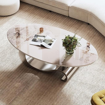 Marble Grain Coffee Table with Gold Stainless Steel Pedestal,Modern Coffee Tables,Oval Living Room Table with Faux Marble Top & Luxury Legs,Sintered Stone Cocktail Center Table,49.2 inch
