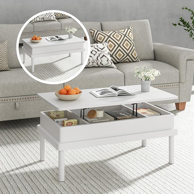 Shintenchi Coffee Table, Lift Top Coffee Table with Hidden Compartment, Rising Tabletop Dining Table, Lift Top Coffee Center Table for for Living Room, Office, Home (White)