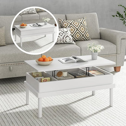 Shintenchi Coffee Table, Lift Top Coffee Table with Hidden Compartment, Rising Tabletop Dining Table, Lift Top Coffee Center Table for for Living Room, Office, Home (White)
