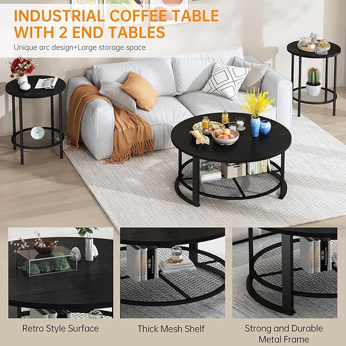 DKLGG 3 Pieces Black Coffee Tables for Living Room Table Sets, Round Wooden Coffee Table 3-Piece, Coffee and End Tables with Open Storage for Apartment Home Office, Small Spaces (Black)