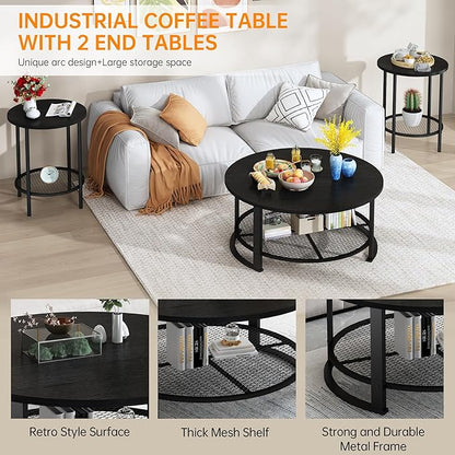 DKLGG 3 Pieces Black Coffee Tables for Living Room Table Sets, Round Wooden Coffee Table 3-Piece, Coffee and End Tables with Open Storage for Apartment Home Office, Small Spaces (Black)
