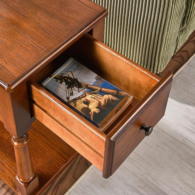 PADMA HOUSE Solid Wood Narrow End Table with Drawer, Vintage Rectangle Sofa Side Table with Storage Shelf Mid-Century Apartment Slim Bedside Table for Small Spaces,13 * 22 * 22.3in