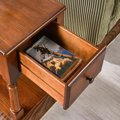 PADMA HOUSE Solid Wood Narrow End Table with Drawer, Vintage Rectangle Sofa Side Table with Storage Shelf Mid-Century Apartment Slim Bedside Table for Small Spaces,13 * 22 * 22.3in