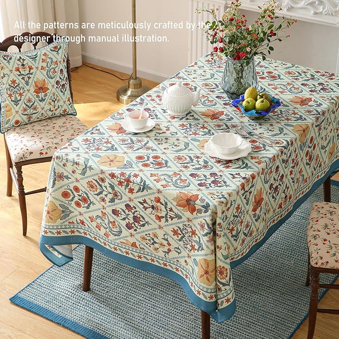 Designer Linen Elegant Tablecloth Rectangular,Colorful Floral Bohemian Table Cloth,Wrinkle Resistant Decor Tablecloths for Dining Thanksgiving Kitchen Party,55"*87"-Floralsea A