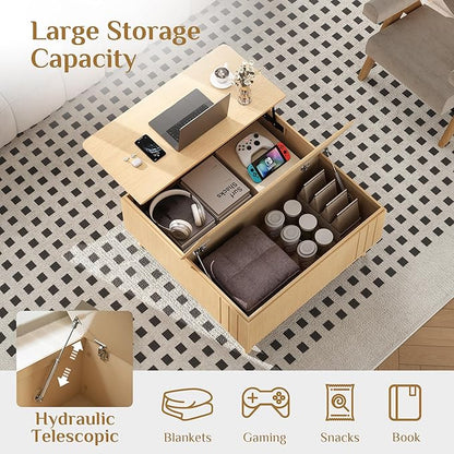 Lift Top Coffee Table with Storage,Mid Century Modern Center Table with Hidden Compartment,Square Pop Up Center Table for Living Room,Oak