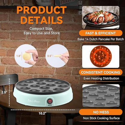 Baker's Friend Mini Pancakes Maker Machine, Dutch Mini Pancake Griddle, 14 Holes Electric Poffertjes Pan, Ideal for Breakfast, Snacks, Desserts & More