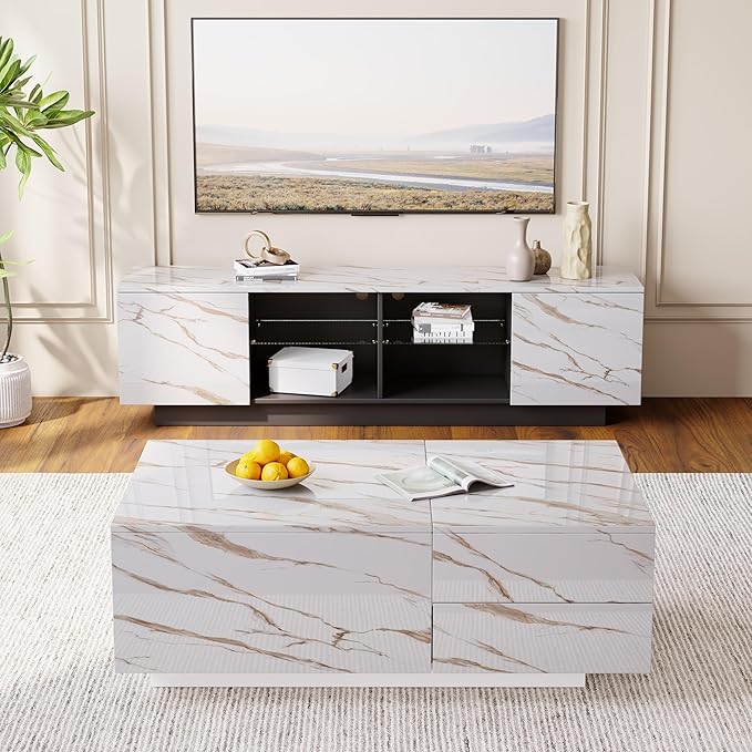 LED Coffee Table, 43" UV High Gloss Modern Center Table with 2 Drawers & Hidden Storage Compartment & Open Compartments, Extendable Modern Cocktail for Living Room,Home (Marble White)