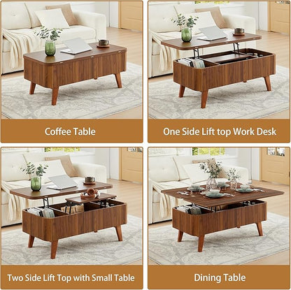 3 in 1 Lift Top Coffee Table, Fluted Convertible Coffee Tables Converts to Dining Tables, Modern Oval Wooden Center Table with Storage for Living Room Office Small Space, Partial Assembly (Walnut)
