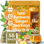 Load image into Gallery viewer, FreshDrinkUS, Premium 55 Tulsi Turmeric Ginger Tea Bags, 100% Natural &amp; Pure from Tulsi Holy Basil Leaves, Turmeric and Ginger. Made with Natural Material Tea Bags. No Sugar, No Caffeine, Vegan.