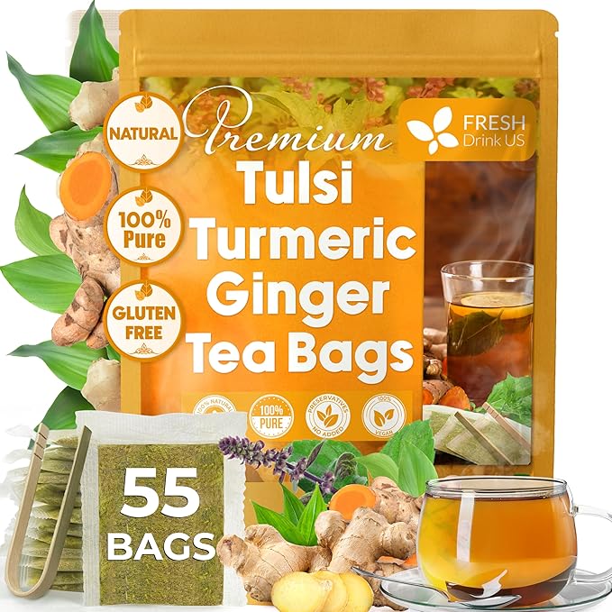 FreshDrinkUS, Premium 55 Tulsi Turmeric Ginger Tea Bags, 100% Natural & Pure from Tulsi Holy Basil Leaves, Turmeric and Ginger. Made with Natural Material Tea Bags. No Sugar, No Caffeine, Vegan.
