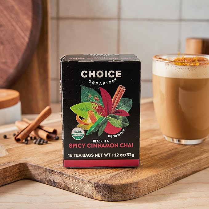 Choice Organics - Organic Spicy Cinnamon Chai Tea (6 Pack) - Rainforest Alliance - Contains Caffeine - 96 Organic Black Tea Bags