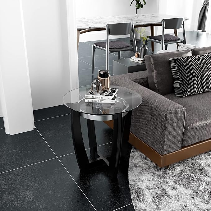 Round Glass End Table, 26" D Solid Wood Side Table with Tempered Glass Tabletop, Modern Glass Sofa Side Table with Black Cross Base for Living Room Home Office,CJZ1331