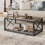 Load image into Gallery viewer, 39" Glass Coffee Table Mordern Living Room Table with Black Metal Frame, Rectangle Tempered Glass Top &amp; Rustic Wood MDF Storage Shelves, Industrial Style Grey