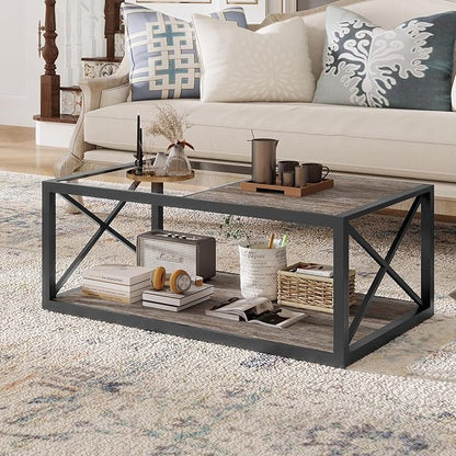 Rustic Coffee Table Set of 3, End Table Mordern Living Room Table Set with Tempered Glass Top Splicing Wood MDF, Black Metal Frame Industrial Style, Grey