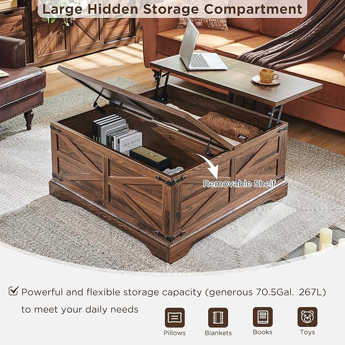 JXQTLINGMU Farmhouse Lift Top Coffee Table with Storage, 36" Wood Square Center Table with Large Hidden Compartment, Rustic Lift Tabletop Dining Table for Home Living Room, Brown