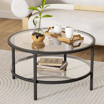 29.5" Round Glass Coffee Table, 2-Tier Modern Black Glass & Metal End Table for Living Room, Mid Century Accent Table with Lower Shelf, 29.5" D x 16.5" H