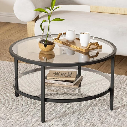 29.5" Round Glass Coffee Table, 2-Tier Modern Black Glass & Metal End Table for Living Room, Mid Century Accent Table with Lower Shelf, 29.5" D x 16.5" H