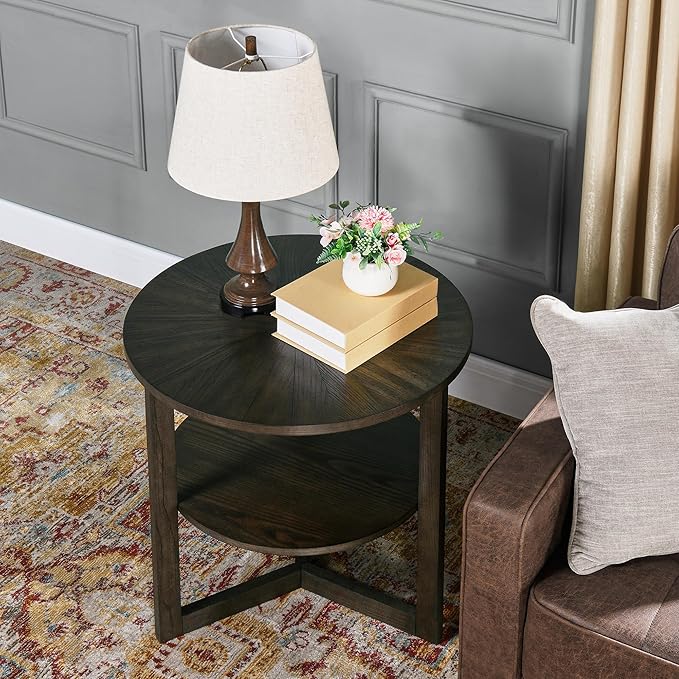 PADMA HOUSE 25" Round Wood End Table, 2-Tier Solid Wood Rounded Accent Side Table Circle Nightstand Table with Storage Shelf Vintage Furniture for Home Living Room Bedroom,Black Brown 3338BK