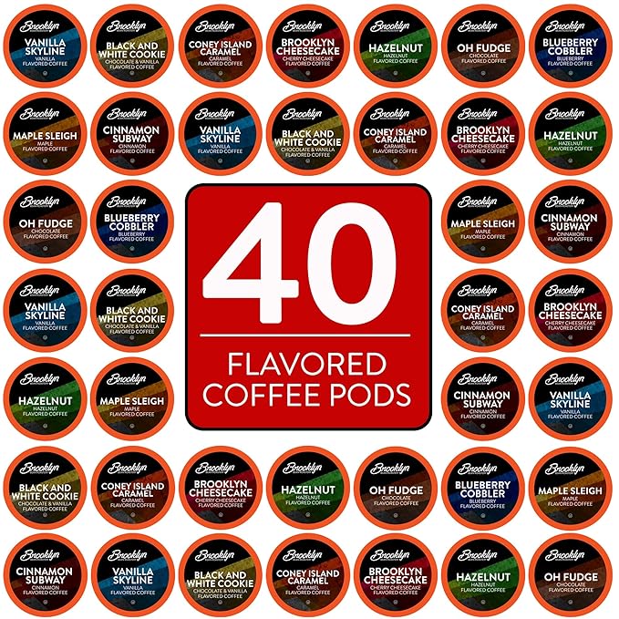 Brooklyn Beans Flavored Coffee Pods Assorted Gourmet Variety Pack, Compatible with 2.0 Keurig K Cup Brewers, 40 Count