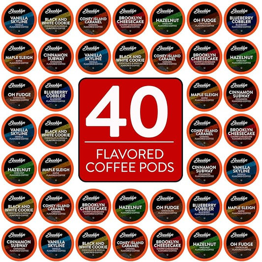 Brooklyn Beans Flavored Coffee Pods Assorted Gourmet Variety Pack, Compatible with 2.0 Keurig K Cup Brewers, 40 Count