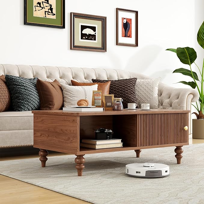Mid-Century Modern Wooden Coffee Table with Storage, Slatted Door, Solid Wood Legs, Retro Coffee Table with Open Shelf for Home & Office & Lounge, Walnut