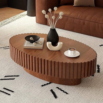 43.31" Oval Drum Coffee Table, Modern Handcraft Fluted Drum Center Table, Wooden Oval Coffee Table Center Table with Sturdy Pedestal for Living Room Apartment (Natural Wood)