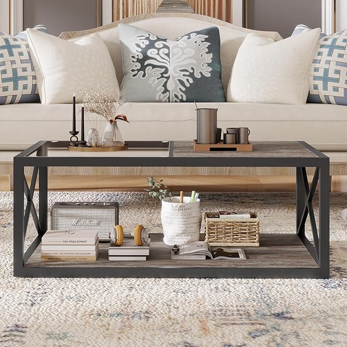 39" Glass Coffee Table Mordern Living Room Table with Black Metal Frame, Rectangle Tempered Glass Top & Rustic Wood MDF Storage Shelves, Industrial Style Grey