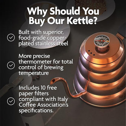 Vianté Gooseneck Stovetop Pour Over Coffee Kettle with Thermometer for Drip Coffee and Tea. Premium Copper Stainless Steel. 40 fl oz. All Coocktops.
